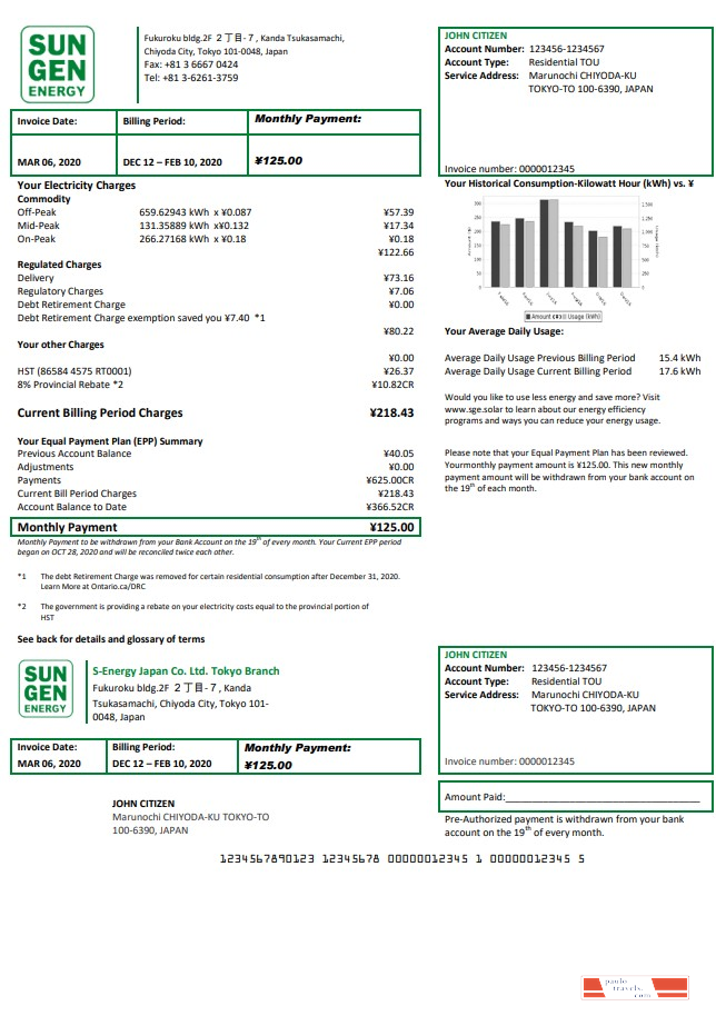 Japan S Energy Japan Co. Ltd. Tokyo Branch utility bill template in Word and PDF format